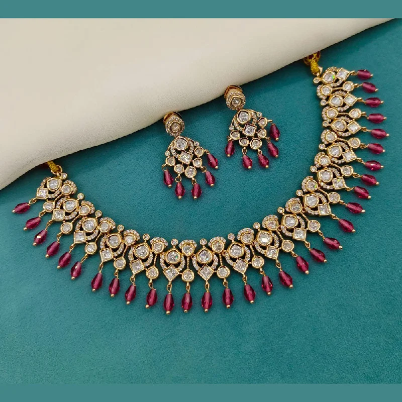 Classy Silver Necklace-Royal Kundan Jewellery Gold Plated Polki Kundan And Beads Necklace Set