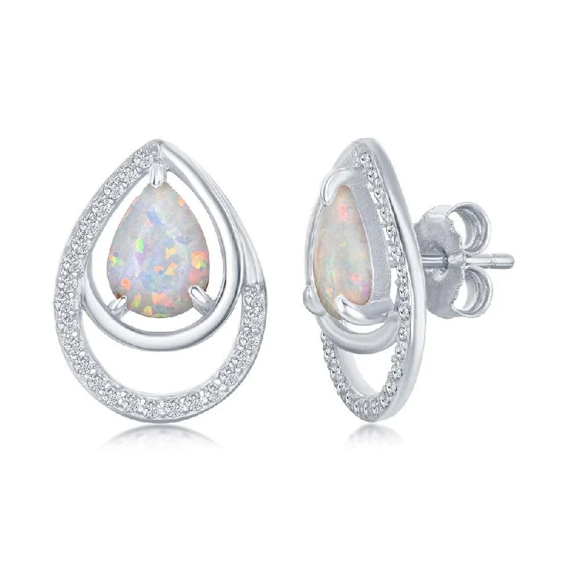 Bridal Hoop Earrings-Sterling Silver Pear Shaped White Opal CZ Earrings