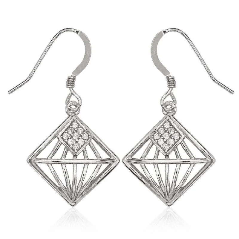 Luxe Drop Earrings-Sterling Silver Diamond Shape CZ Center Earrings