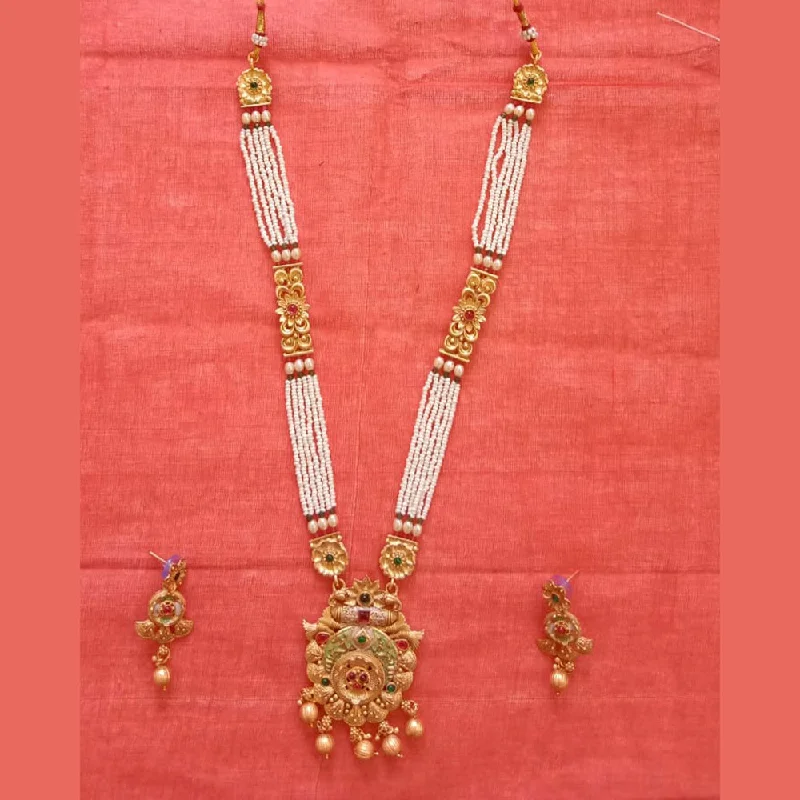 Vintage Pearl and Gold Necklace-Neetu Art Gold Plated Pota Stone And Pearl Long Necklace Set