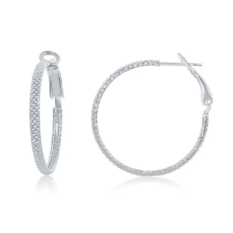 Bridal Hoop Earrings-Sterling Silver Rounded Checkered Hoop Earrings, 30 mm