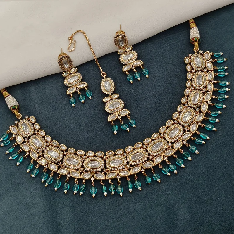 Round Gemstone Necklace-Royal Kundan Jewellery Gold Plated Crystal Stone And Beads Necklace Set