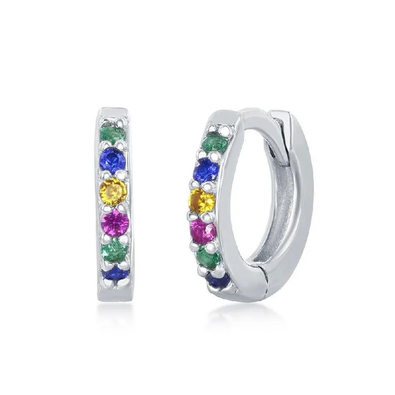 Fashionable Ear Cuffs-Sterling Silver Rainbow CZ Huggie Hoop Earrings