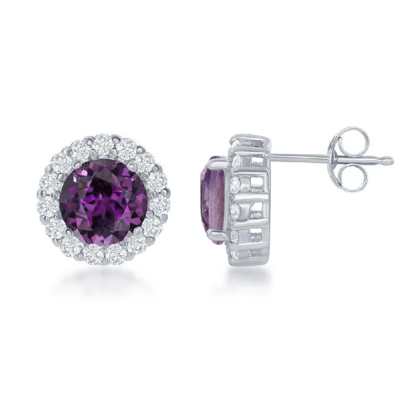 Casual Drop Earrings-Sterling Silver Round Center Amethyst with White Topaz Large Stud Earrings