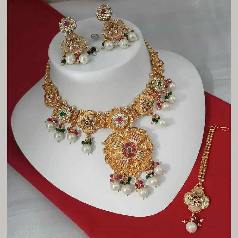 Beaded Necklace for Women-Padmawati Bangles Gold Plated Polki Kundan Stone Necklace Set