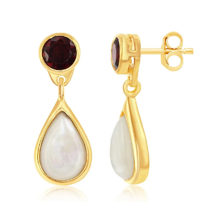 Black Diamond Earrings-Sterling Silver Gold Plated Garnet and Mother of Pearl Earrings