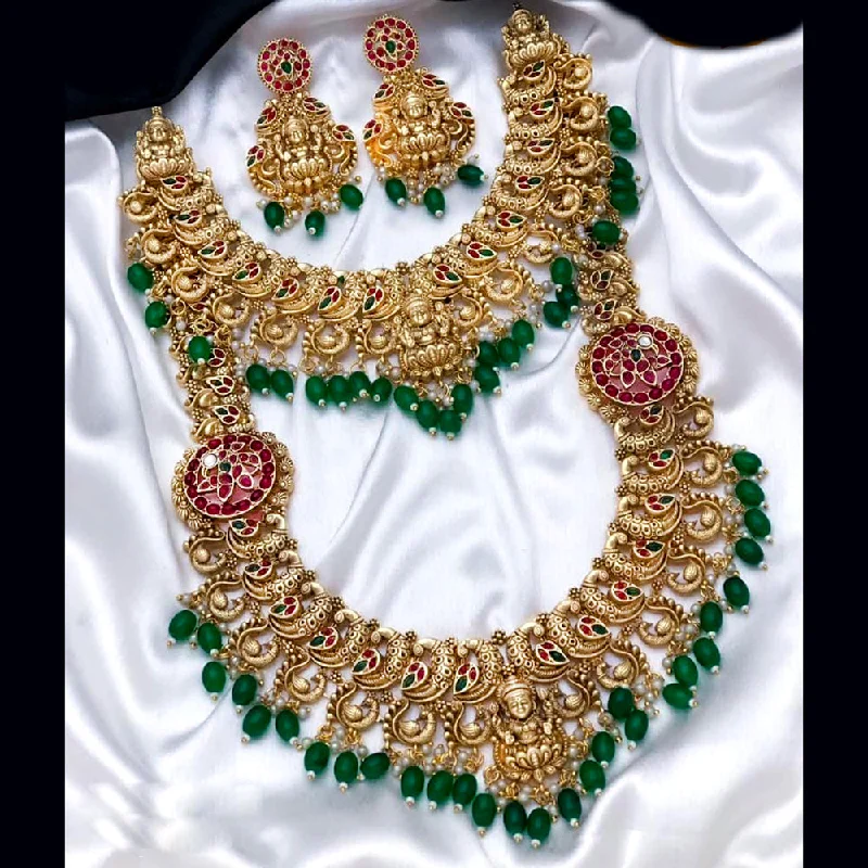 Fashionable Crystal Necklace-Pooja Bangles Gold Plated Double Necklace Set