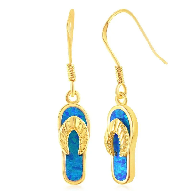 Big Statement Earrings-Sterling Silver Gold Plated Blue Inlay Opal Flip-Flop Earrings