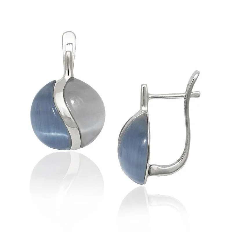 Chunky Hoop Earrings-Sterling Silver Dark and Light Blue Cat's Eye Earrings