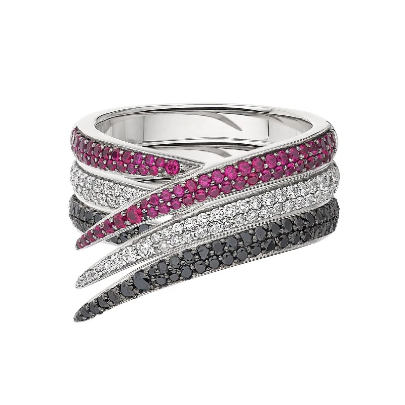 Custom Name Ring-Interlocking Stacked Ring - White & Black Diamond and Pink Sapphire