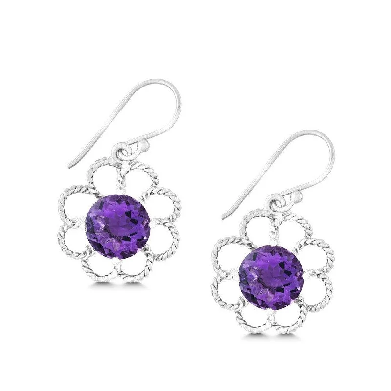 Large Hoop Earrings-Sterling Silver Open Petal Flower with Center Round Amethyst Earrings