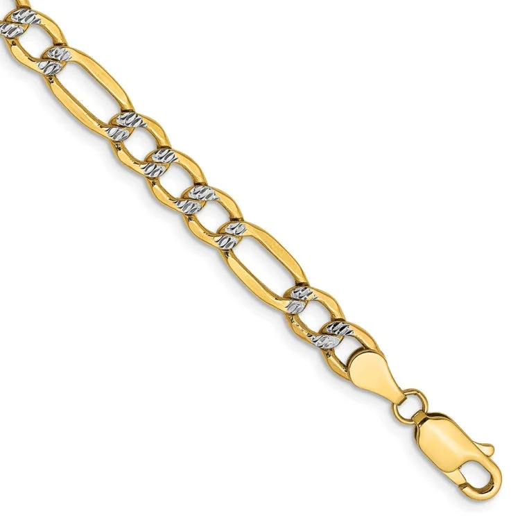 Diamond and Gold Bracelets-14K 8 inch 5.25mm Semi-Solid with Rhodium Pav� Figaro with Lobster Clasp Bracelet