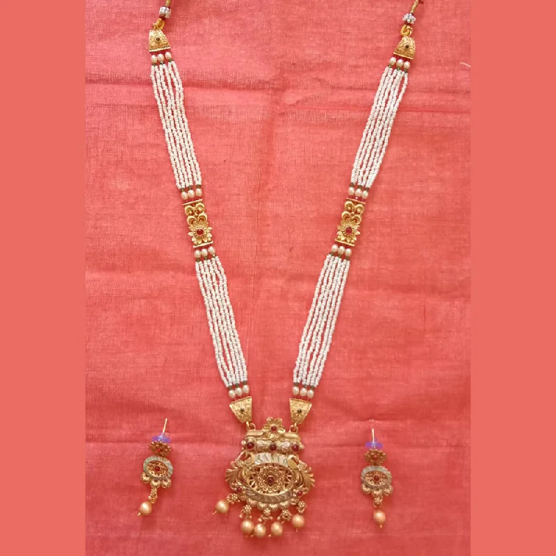 Bold Statement Necklace-Neetu Art Gold Plated Pota Stone And Pearl Long Necklace Set