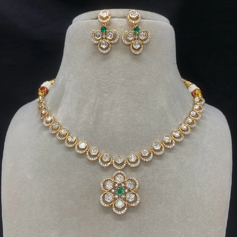 Colorful Gemstone Necklace-Royal Kundan Jewellery Gold Plated Polki Kundan Necklace Set