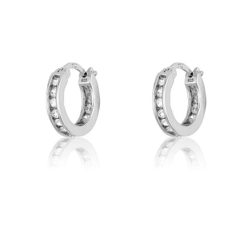 Classic Gold Earrings-Sterling Silver Tiny Inside-Outside Channel Set CZ Hoop Earrings