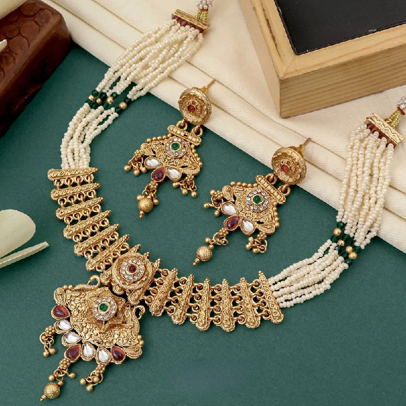 Adjustable Chain Necklace-FS Collection Gold Plated Kundan Stone And Pearl Necklace Set