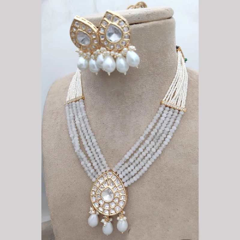 Modern Pendant Necklace-Jewel Addiction Gold Plated Polki Kundan Pearl And Beads Necklace Set