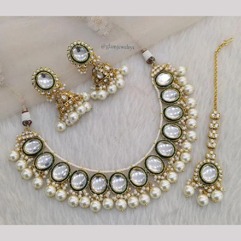 Custom Gold Pendant Necklace-India Art Gold Plated Kundan Pearl And Beads  Necklace Set