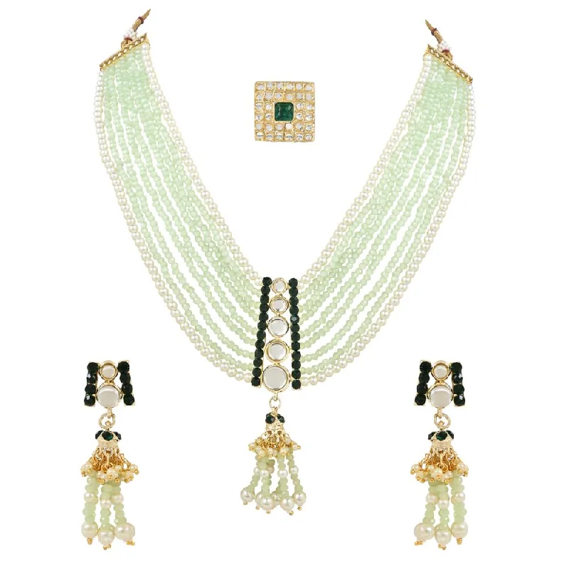 Handcrafted Silver Necklace-Etnico Gold Plated Traditional Kundan & Mint Beads Multistrand Necklace With Earrings, Maang Tikka & Finger Ring Set For Women (ML320Min)men/Girls (ML319G) (Copy)