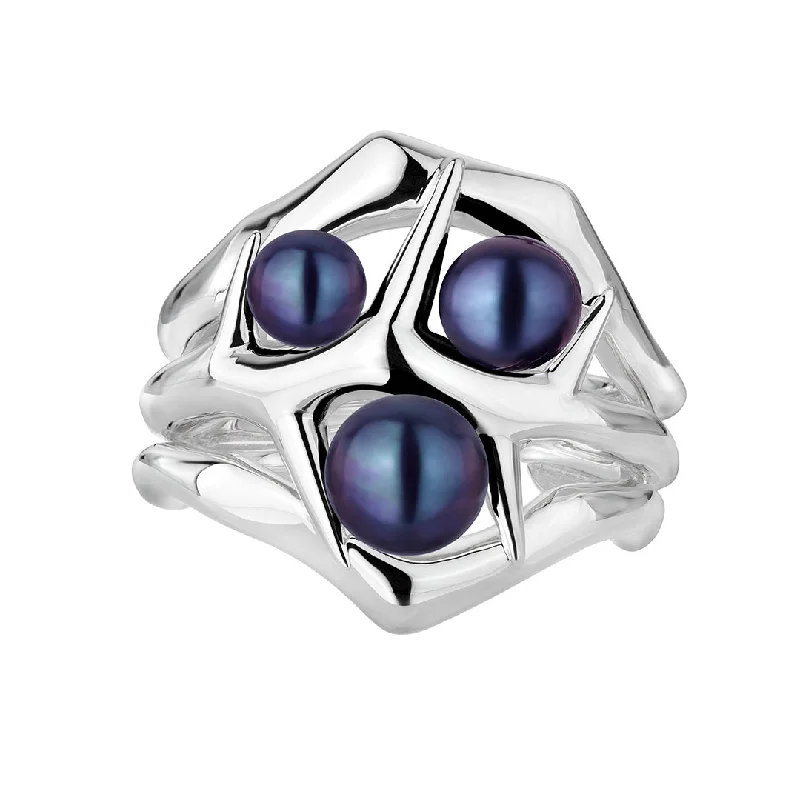 Customizable Birthstone Ring-Blackthorn Triple Ring - Silver & Black Pearl