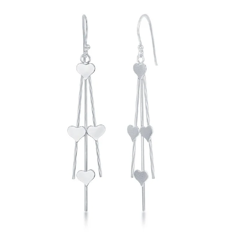 Glamorous Drop Earrings-Sterling Silver Triple Wire Heart Dangling Earrings