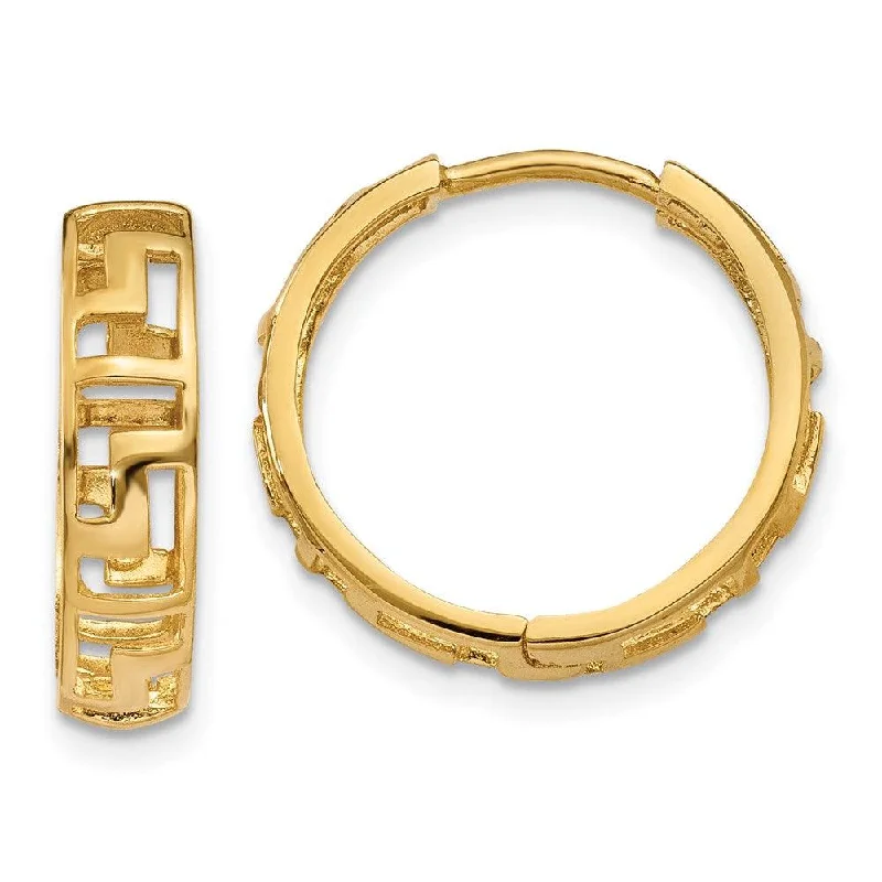 Simple Gold Hoop Earrings-14k Greek Key Hinged Hoop Earrings