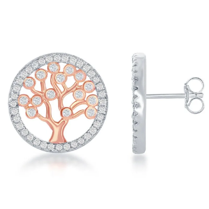 Chic Ear Cuffs-Sterling Silver Rose Gold CZ Round Tree Earrings