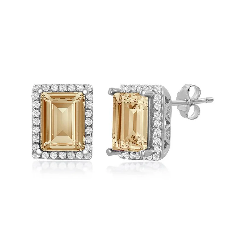 Tiny Stud Earrings-Sterling Silver CZ 8x6mm Rectangular Step-Cut Golden Shadow Swarovski Element Earrings