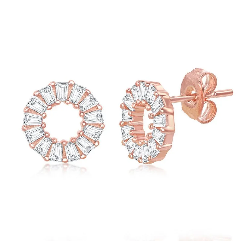 Rose Gold Stud Earrings-Sterling Silver Rose GP Open Circle Baguette CZ Stud Earrings