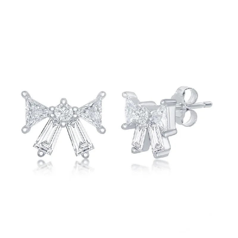 Sterling Silver Drop Earrings-Sterling Silver Baguette CZ Bow Stud Earrings