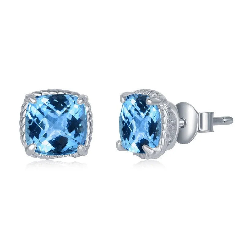 Layered Gemstone Earrings-Sterling Silver 6mm Cushion Cut Blue Topaz Earrings