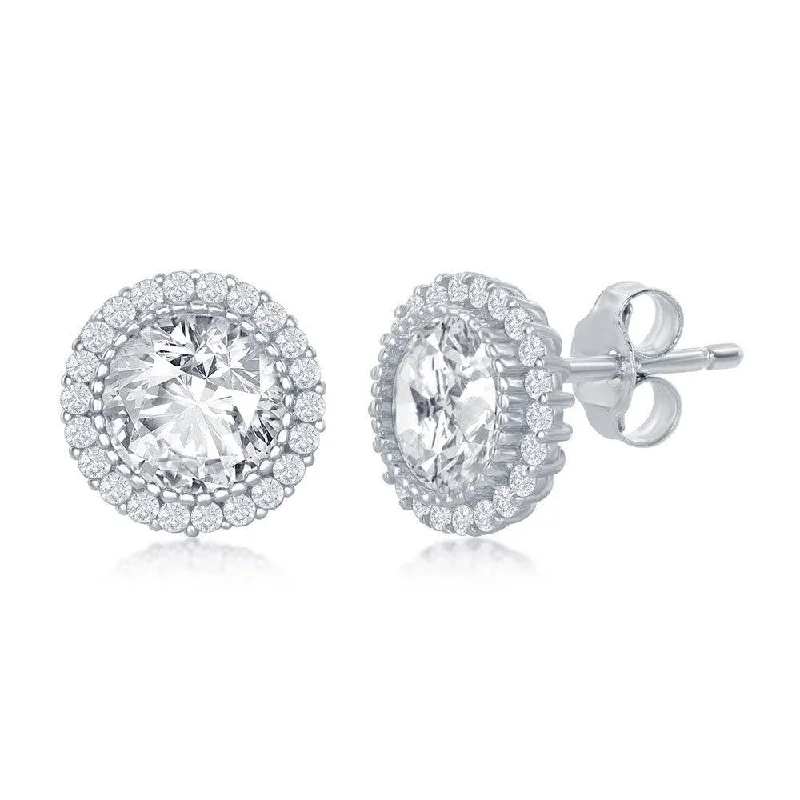 Hoop Earrings with Diamonds-Sterling Silver 10mm Round CZ Halo Stud Earrings