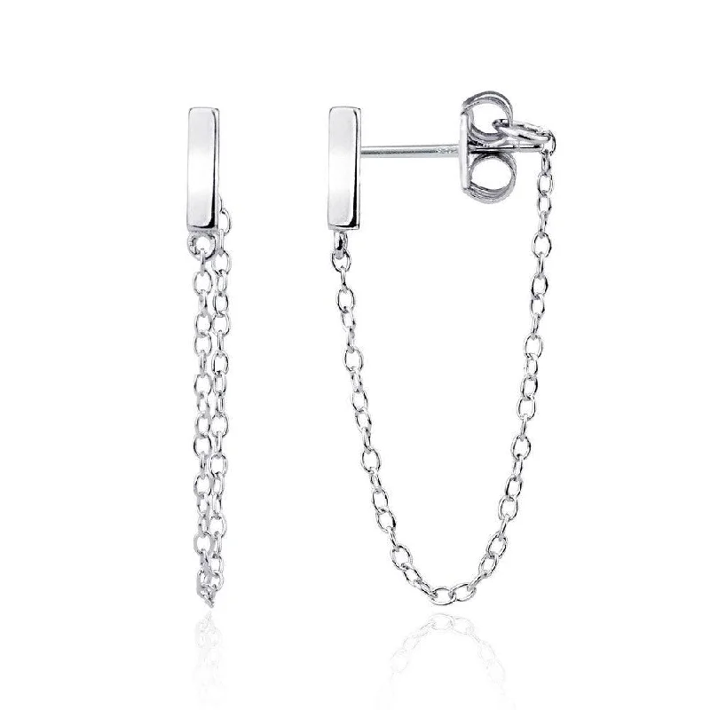 Modern Chain Earrings-Sterling Silver Bar Stud with Looping Chain Earrings