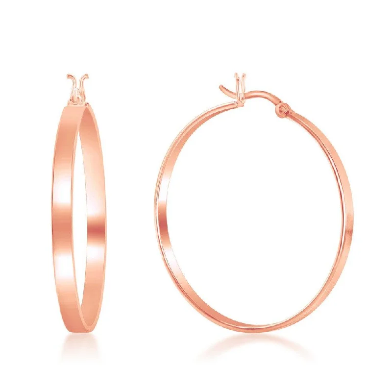 Chic Hoop Earrings-Sterling Silver Rose Gold Plated Flat Hoop Earrings, 4 x 40 mm