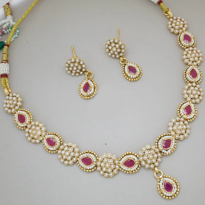 Large Statement Necklace-Manisha Jewellery Gold Plated Pota Stone And Pearls Necklace Set