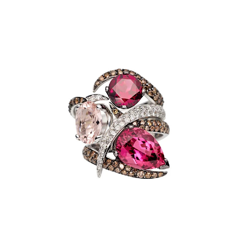 Elegant Sapphire Ring-Interlocking Aurora Ring Set - 18ct White Gold & Pink Tourmaline, Morganite, Rhodalite