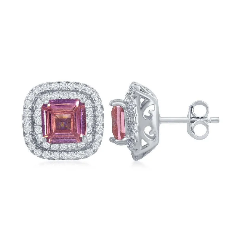 Luxe Drop Earrings-Sterling Silver Double Border Pink CZ Stud Earrings