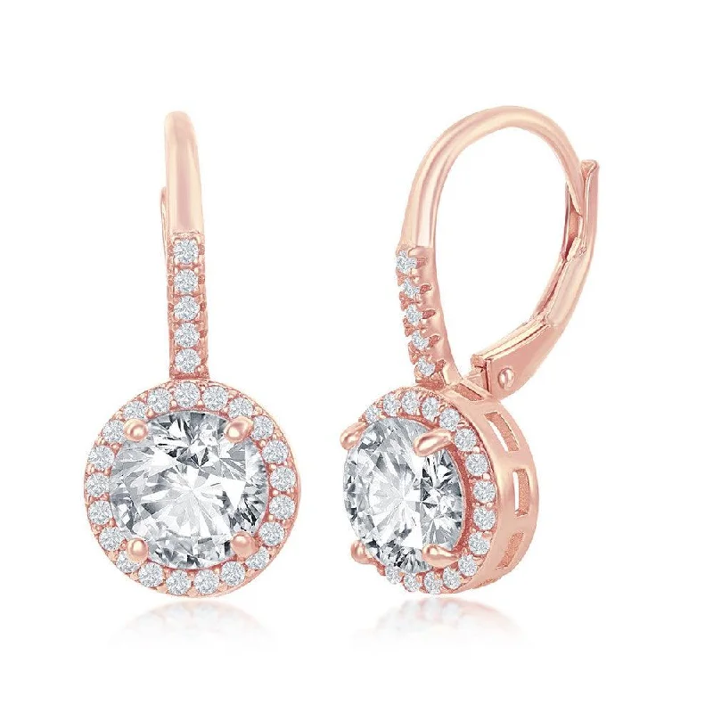 Double Hoop Earrings-Sterling Silver Rose Gold Plated Round CZ Halo Earrings