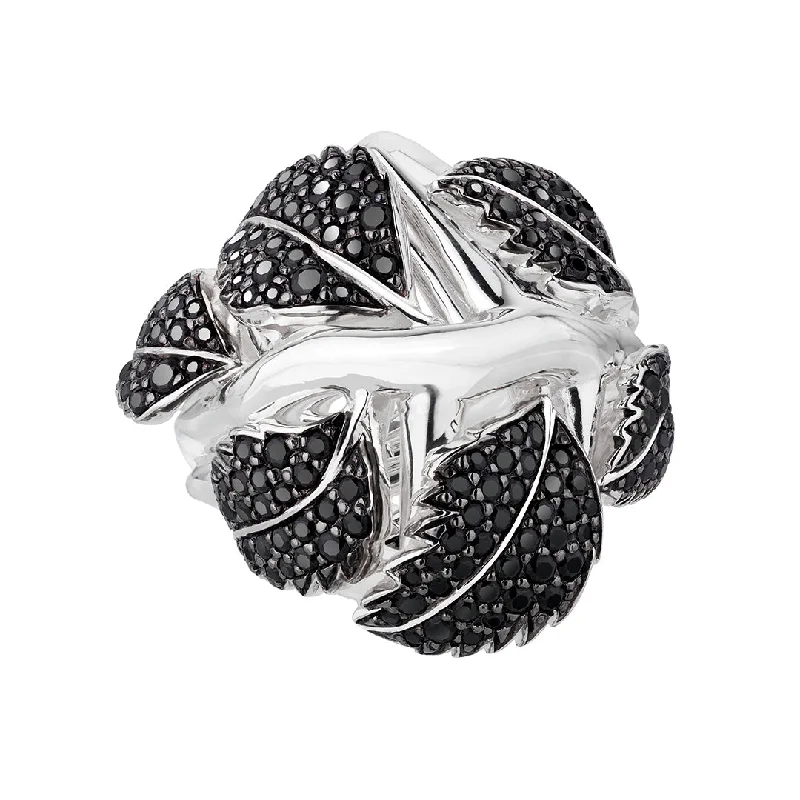 Round Diamond Ring-Blackthorn Leaf Ring - Silver & Black Spinel