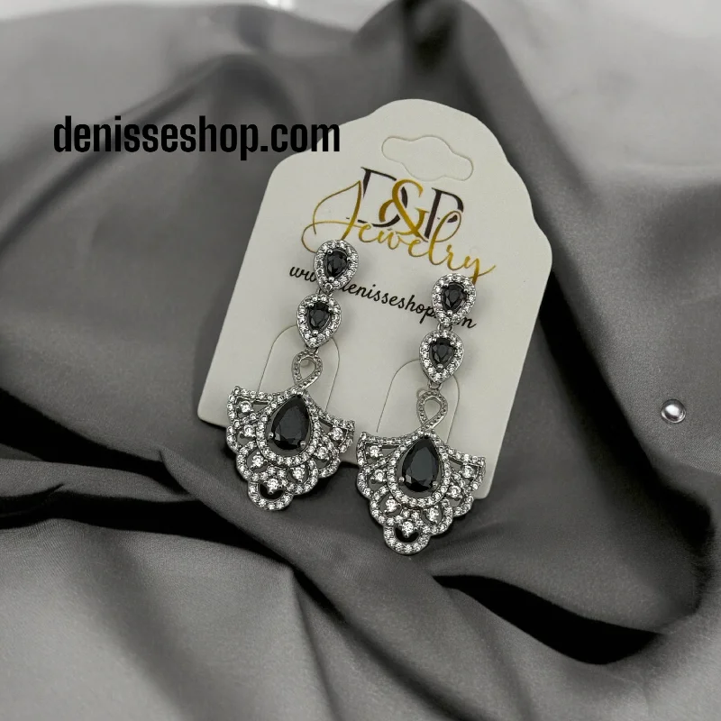 Luxury Gold Earrings-SILVER BLACK STONES EARRINGS E496