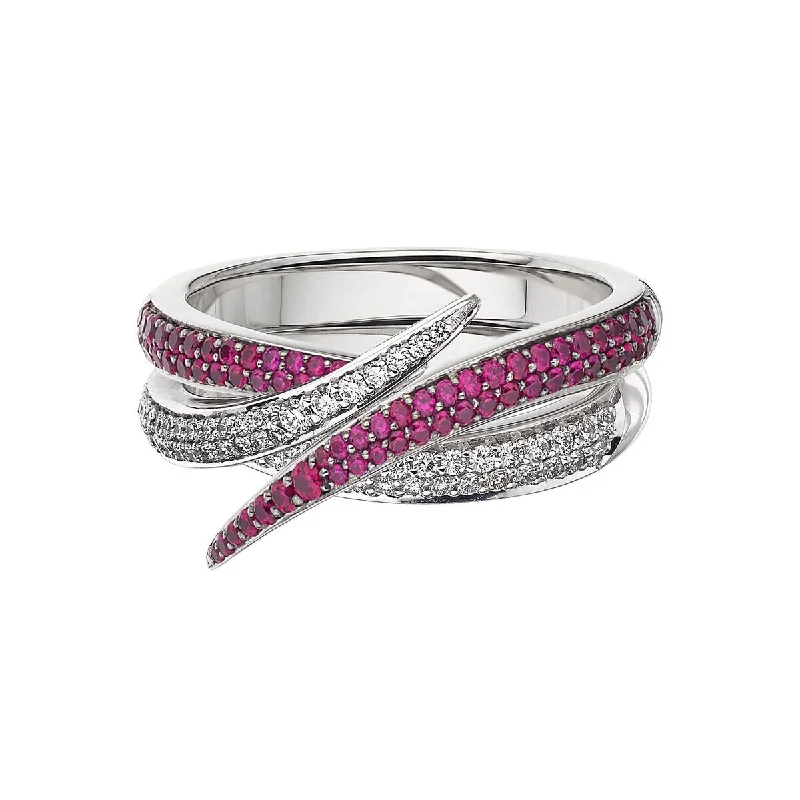 Silver Wedding Ring-Interlocking Duo Ring - White Diamond & Pink Sapphire