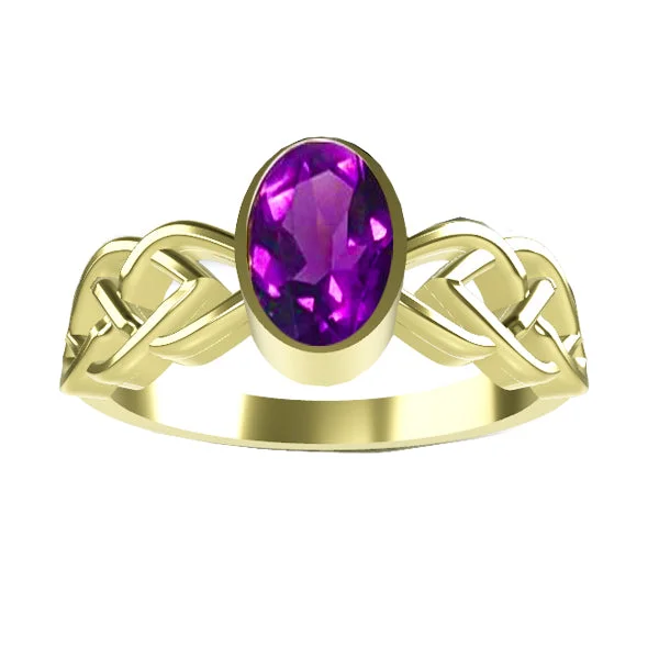 Elegant Wedding Band-CELTIC KNOTWORK AMETHYST RING IN 9ct YELLOW GOLD