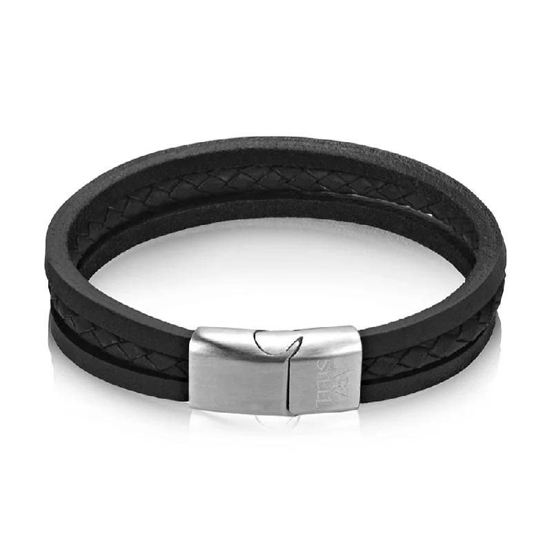 Adjustable Bead Bracelets for Women-A.R.Z Men's Triple Strand Black Leather 8.5  Bracelet