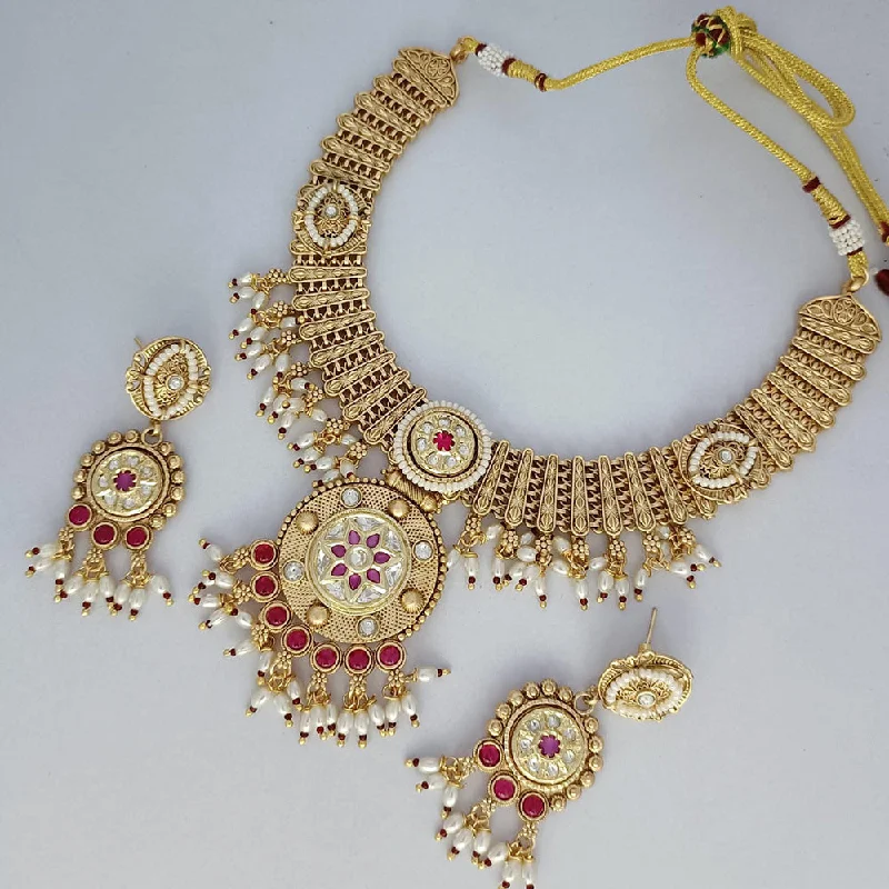 Simple Diamond Pendant Necklace-Rani Sati Jewels Gold Plated Kundan Stone And Pearls Necklace Set