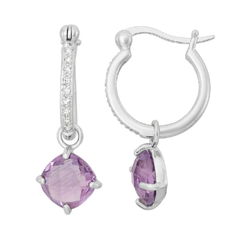 Customizable Hoop Earrings-Sterling Silver Purple Hanging Amethyst Earrings