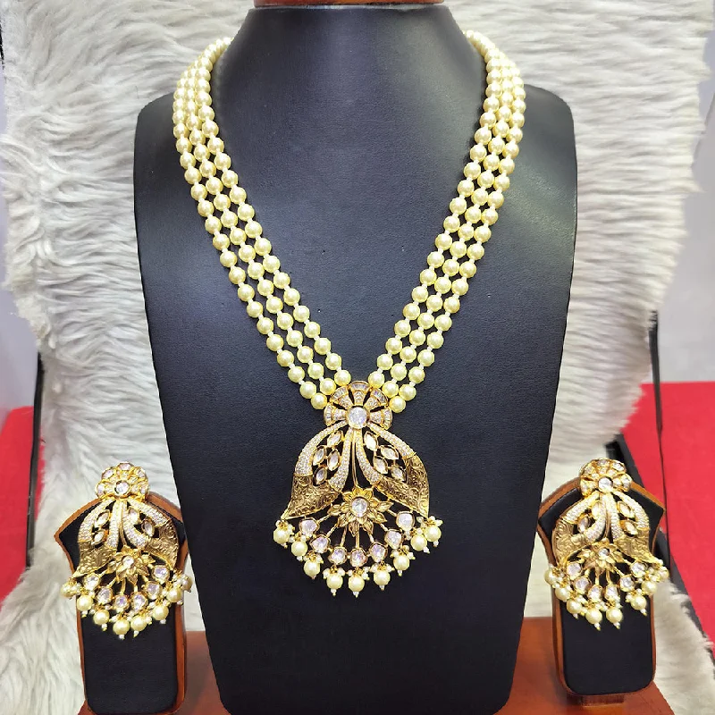 Classic Pearl Necklace-Jain Jewellers Gold Plated  Kundan And Pearl Long Necklace Set