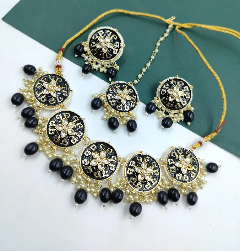 Gemstone Beaded Necklace-Pooja Bangles Gold Plated Kundan And Meenakari Choker Necklace Set