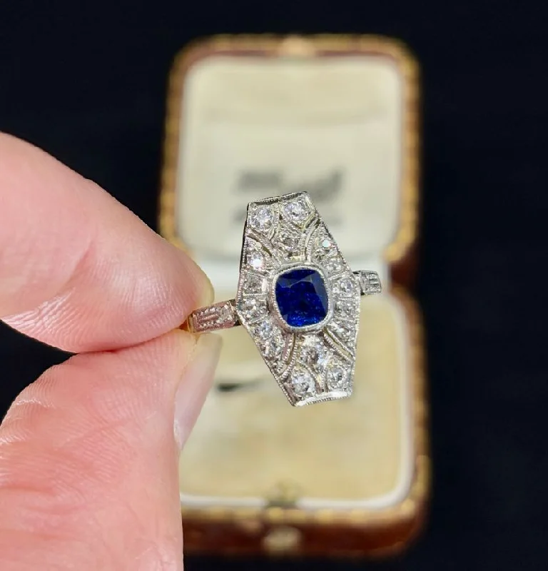 Custom Engraved Ring-Antique Art Deco Sapphire and Diamond Cluster Ring