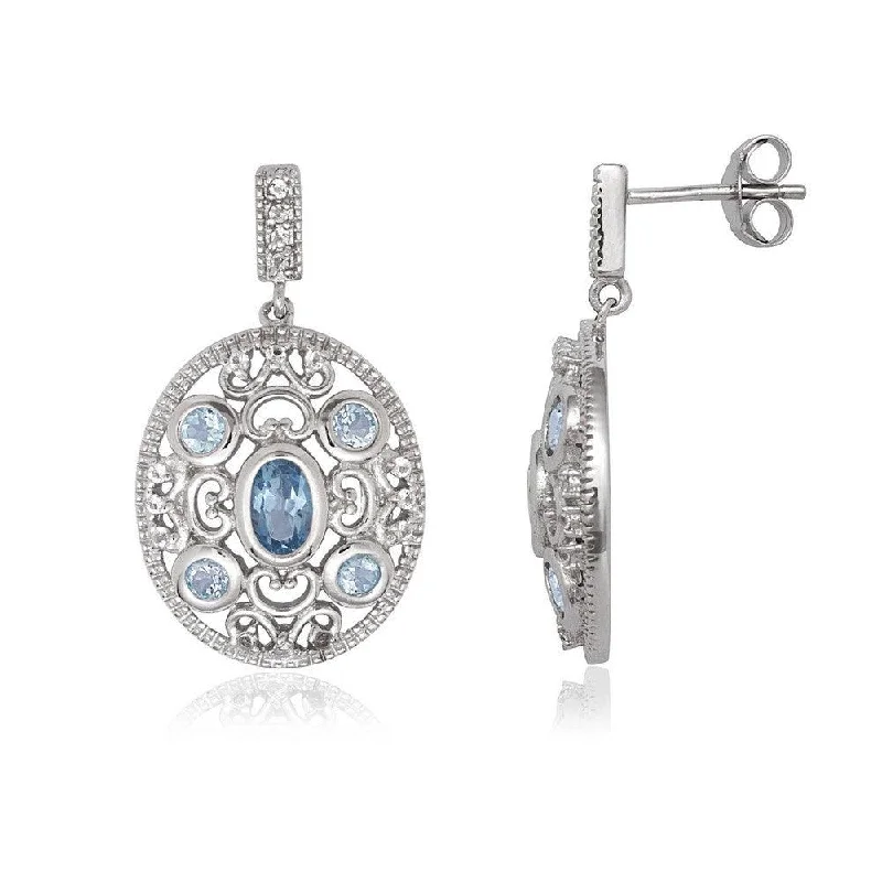 Vintage Crystal Earrings-Sterling Silver Oval Blue and White Topaz Earrings