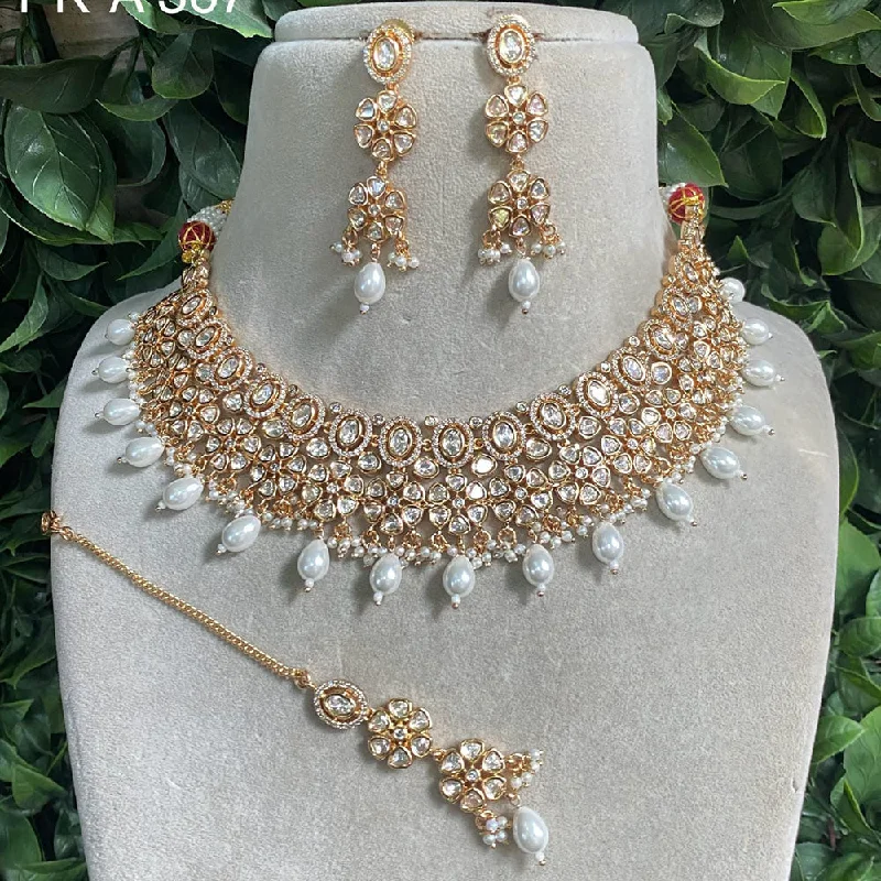 Luxury Diamond Necklace-Royal Kundan Jewellery Gold Plated Polki Kundan And Pearls Necklace Set